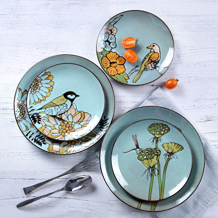 日式手繪圓方形壽司點心盤復(fù)古圓方形盤陶瓷創(chuàng)意碟菜盤餐廳具擺件  陶瓷手繪圓方形菜盤擺件