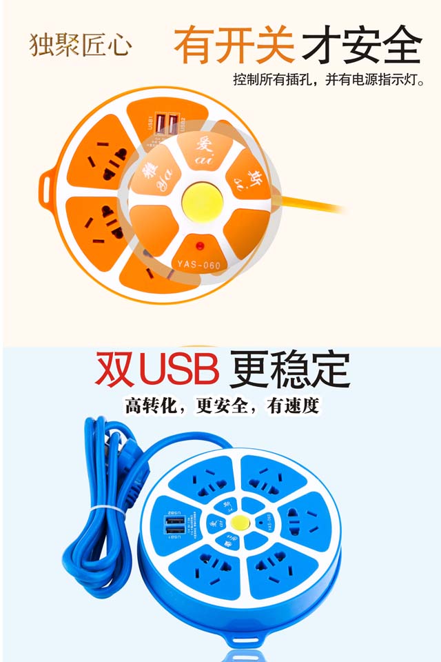 创意多孔位排插带USB手机快充插图片