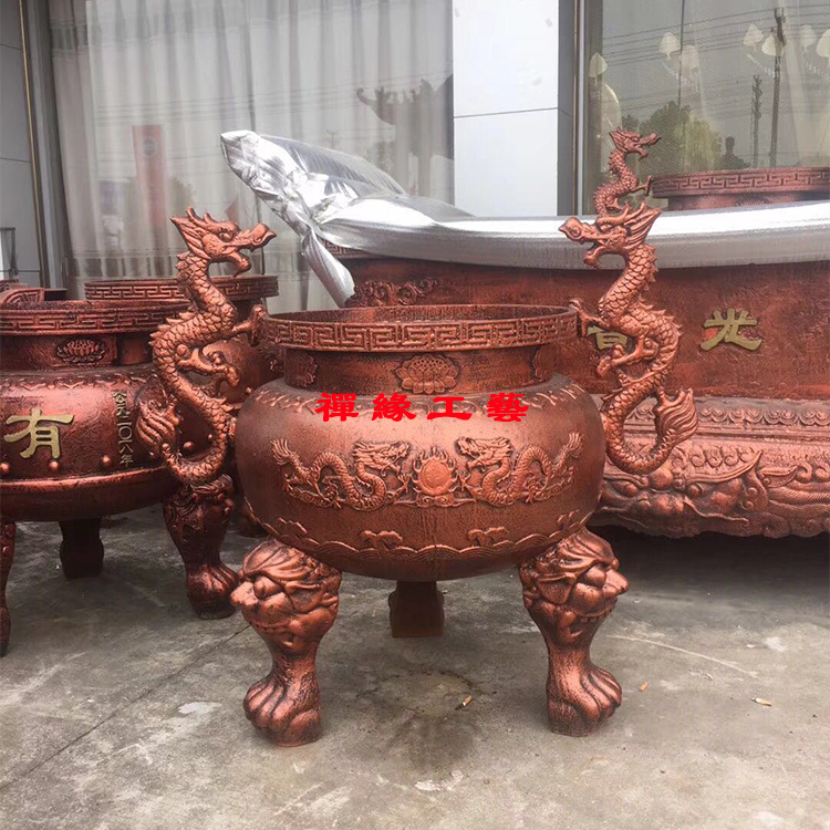 圓形平口雙龍香爐，庵堂佛堂祠堂插香香爐，蒼南鑄鐵香爐廠家