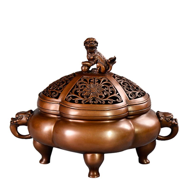 獅紐海棠三足爐紫銅香薰爐辦公商務裝飾工藝擺件銅瓦當