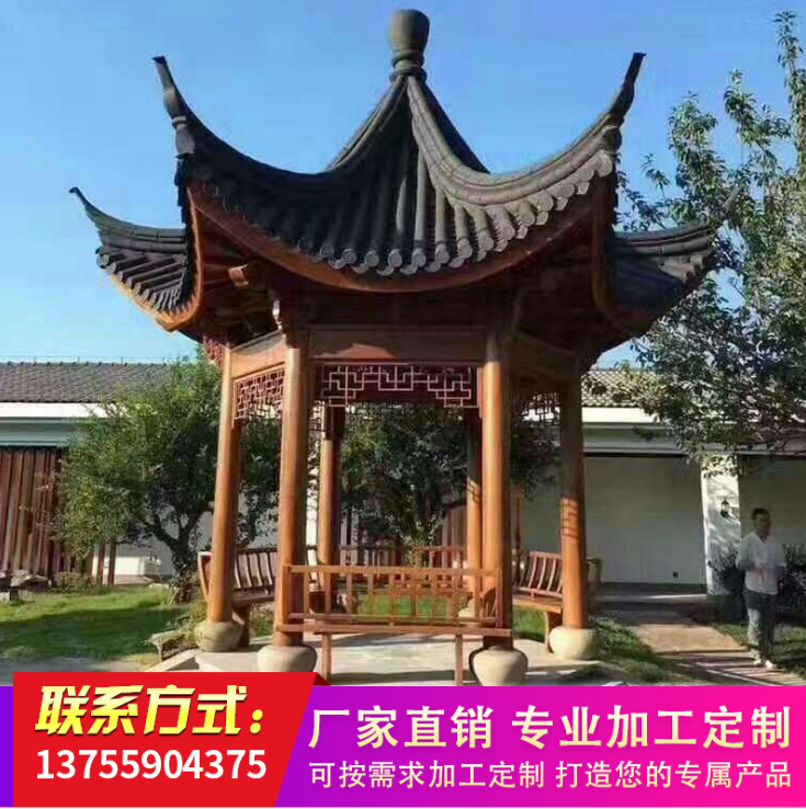 雙層古建戶外六角涼亭 碳化防腐實木六角涼亭 六角仿古涼亭木亭子