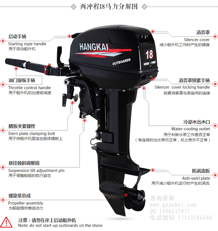 百胜18马力充气船马达,2冲程舷挂机,国产船外机图片