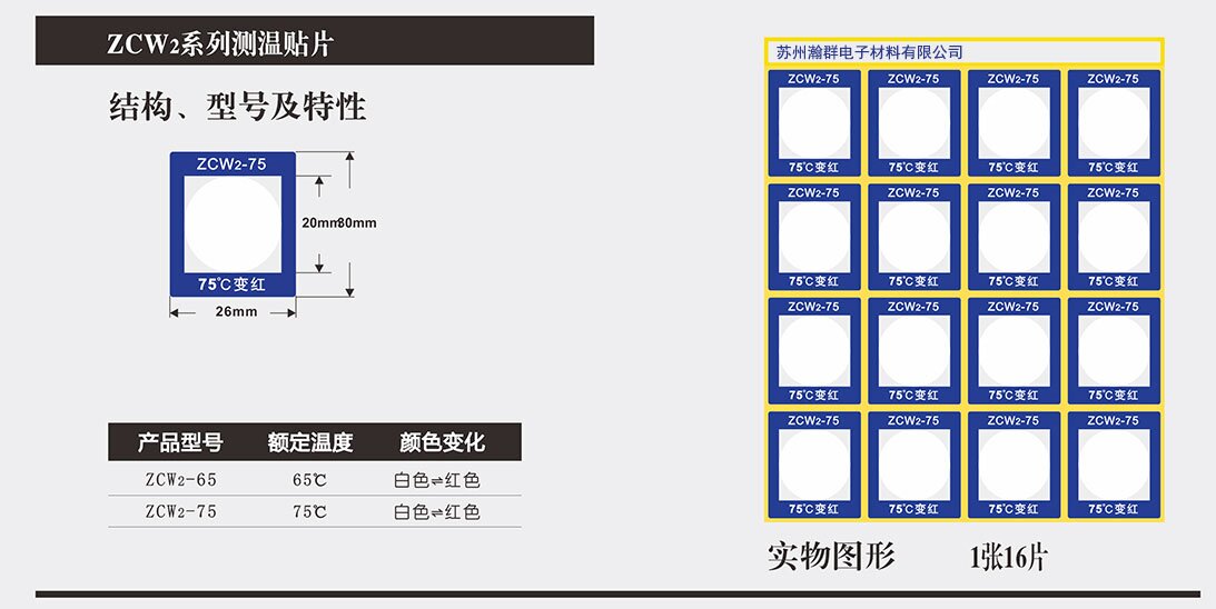 ZCW2-65度智能型变色测温贴片三色测温贴温度纸可逆测温纸16片