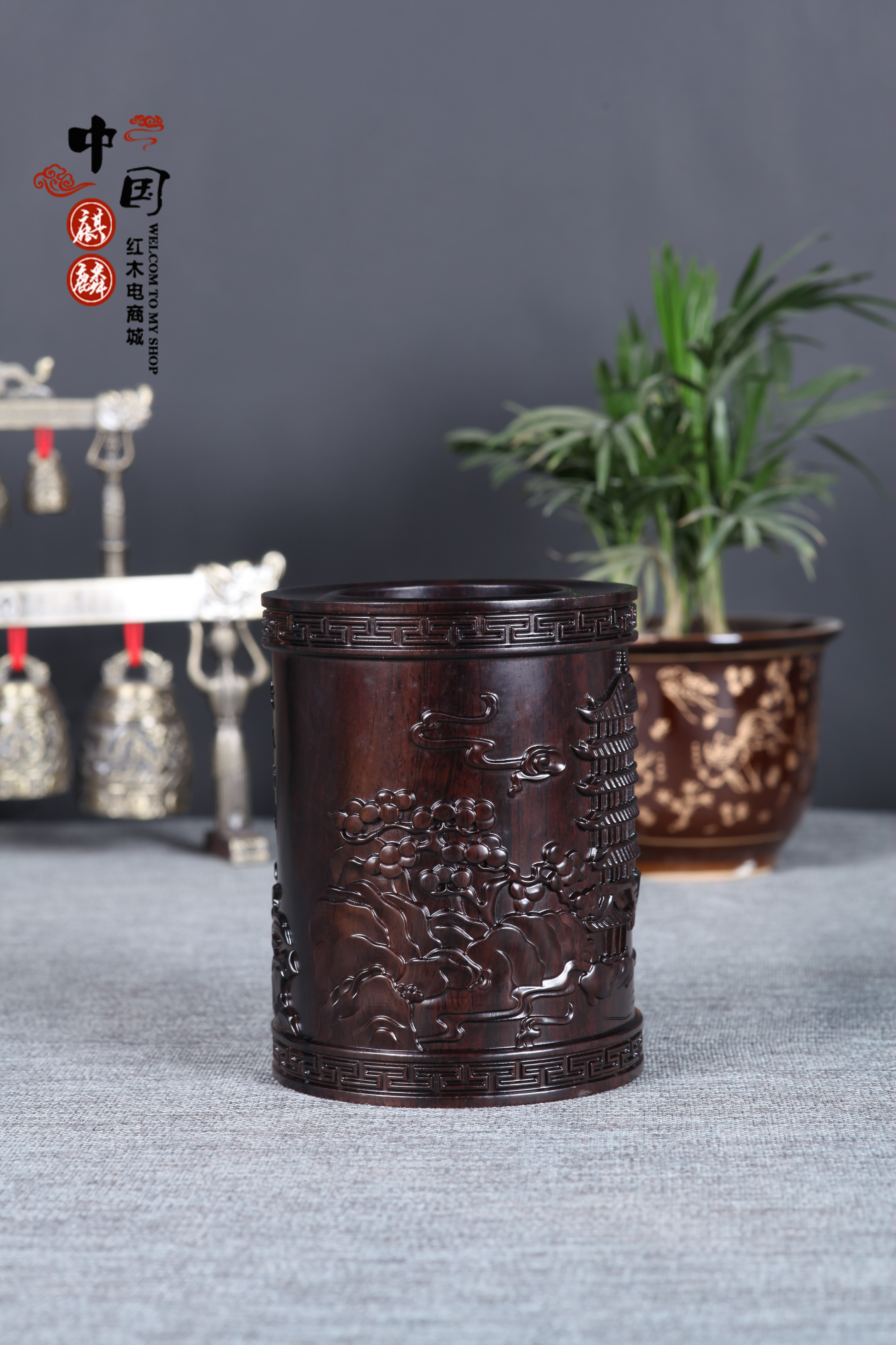 黑檀雕刻筆筒實木工藝品擺件