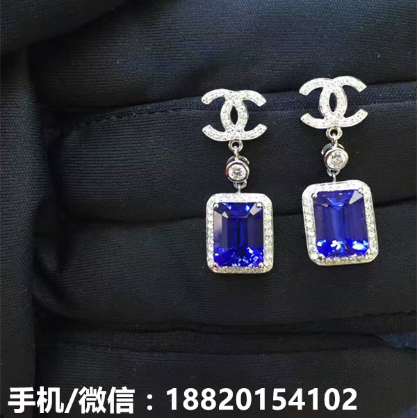 18K金坦桑石耳墜經(jīng)典款式方形 主石5.4克拉 顏色好 凈度好