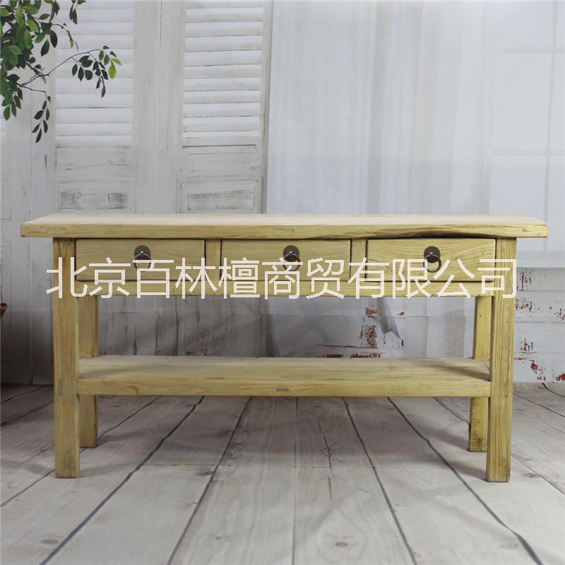 雙層老松木玄關(guān)臺條案 酒店別墅長桌子 中式原木色帶抽屜儲物邊桌
