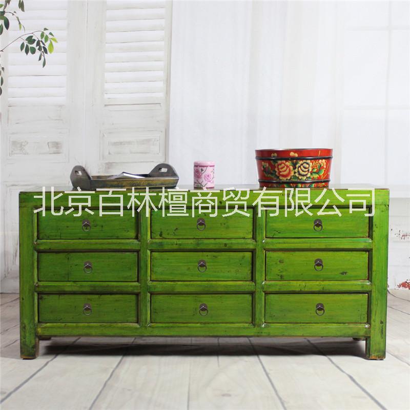 綠色做舊老松木9斗柜實(shí)木 抽屜柜臥室客廳儲(chǔ)物柜收納柜子原木家具