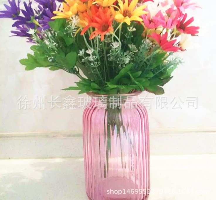 批發(fā)玻璃大號歐式透明藍色豎紋玻璃彩色花瓶簡約桌面擺件水培花瓶