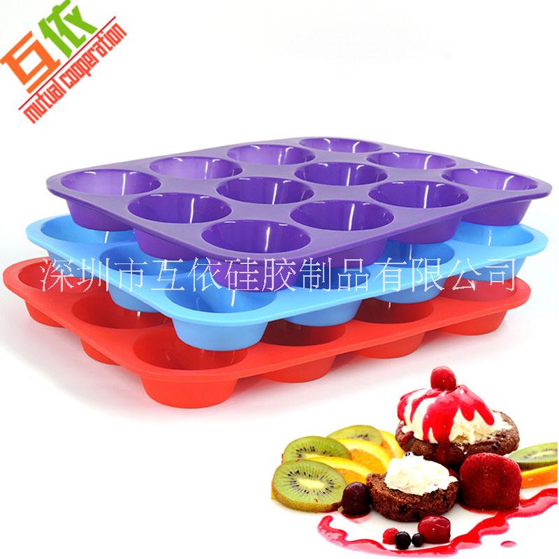 廠家熱賣12孔圓形食品級硅膠蛋糕模 耐高溫12連硅膠烤盤 瑪芬杯烘焙模具