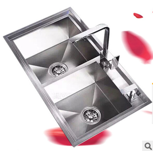 妙浴廚房雙槽水槽 304不銹鋼手工拉絲洗菜盆加厚水盆一體水槽