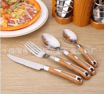 創(chuàng)意木紋不銹鋼餐具套裝 家居不銹鋼勺子水果叉 兒童便攜餐具批發(fā)