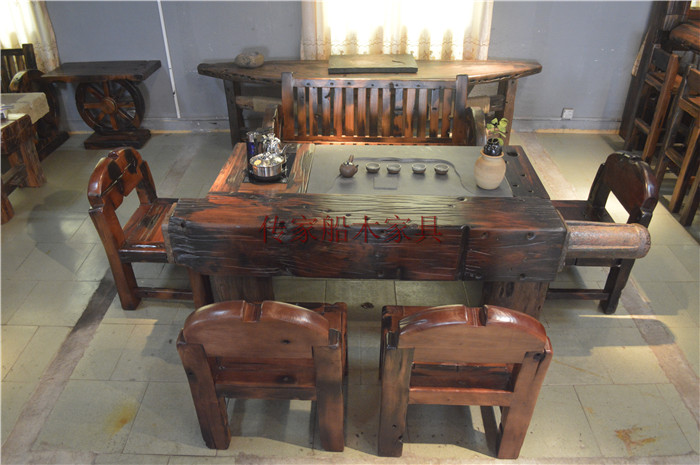 供應(yīng)老船木家具炮筒茶臺(tái)套裝