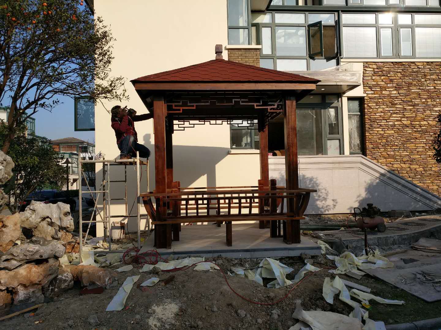 戶外庭院3米加大六角涼亭實木室外景觀亭碳化木屋樓頂花
