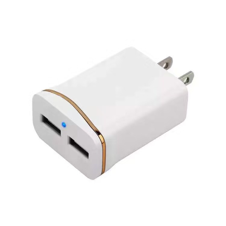 電鍍?nèi)﹄pUSB充電器 5V2.1A雙口旅充 LED藍(lán)燈USB手機(jī)充電器 2A充頭