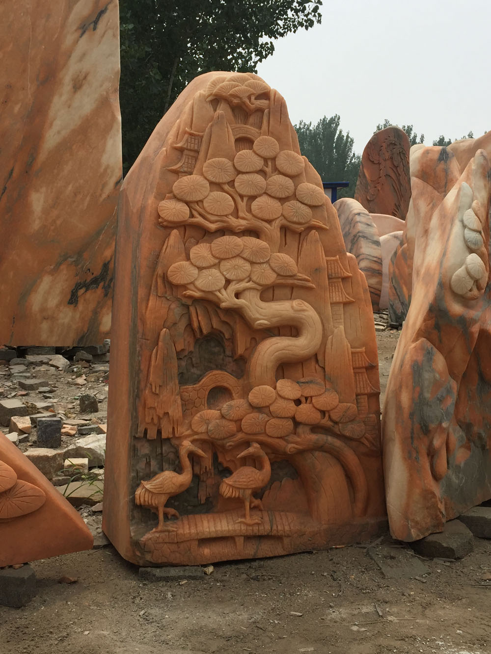 石雕松鶴延年立體浮雕公園庭院擺件