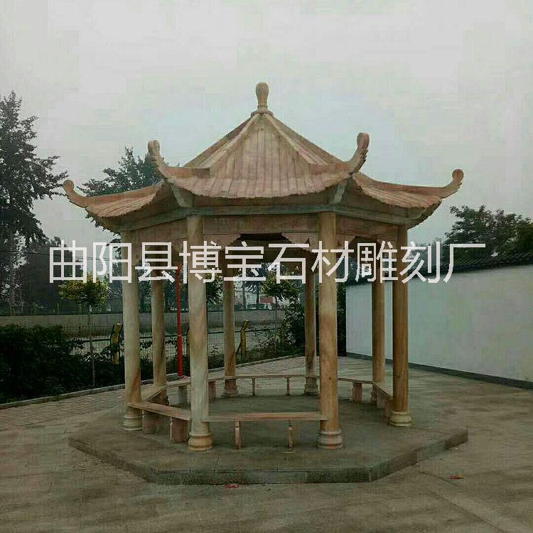 晚霞紅石雕涼亭古建筑石頭亭子六角石雕亭子園林石亭