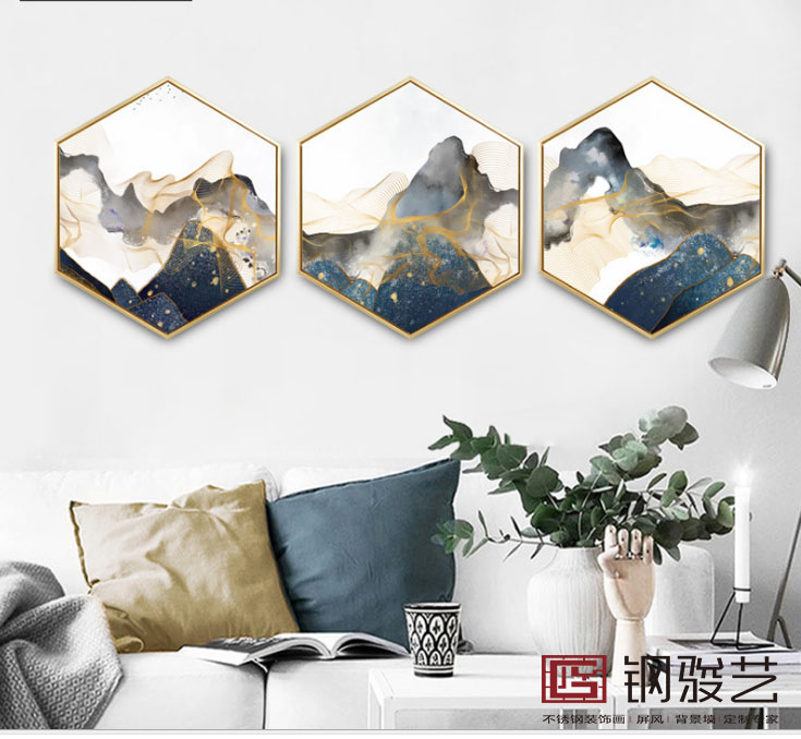 廠家定制新中式不銹鋼雙聯(lián)壁畫  新中式不銹鋼裝飾畫  飯廳壁畫 客廳裝飾壁畫