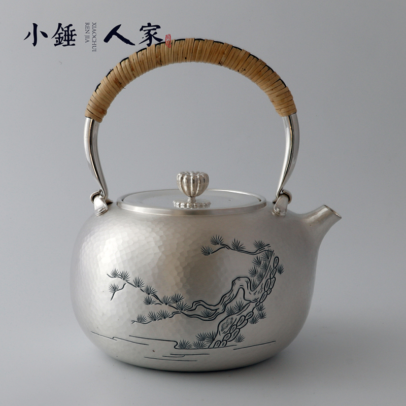 小錘人家純手工松鶴圖銀壺純銀茶壺?zé)畨嘏莶杈呒冦y茶具