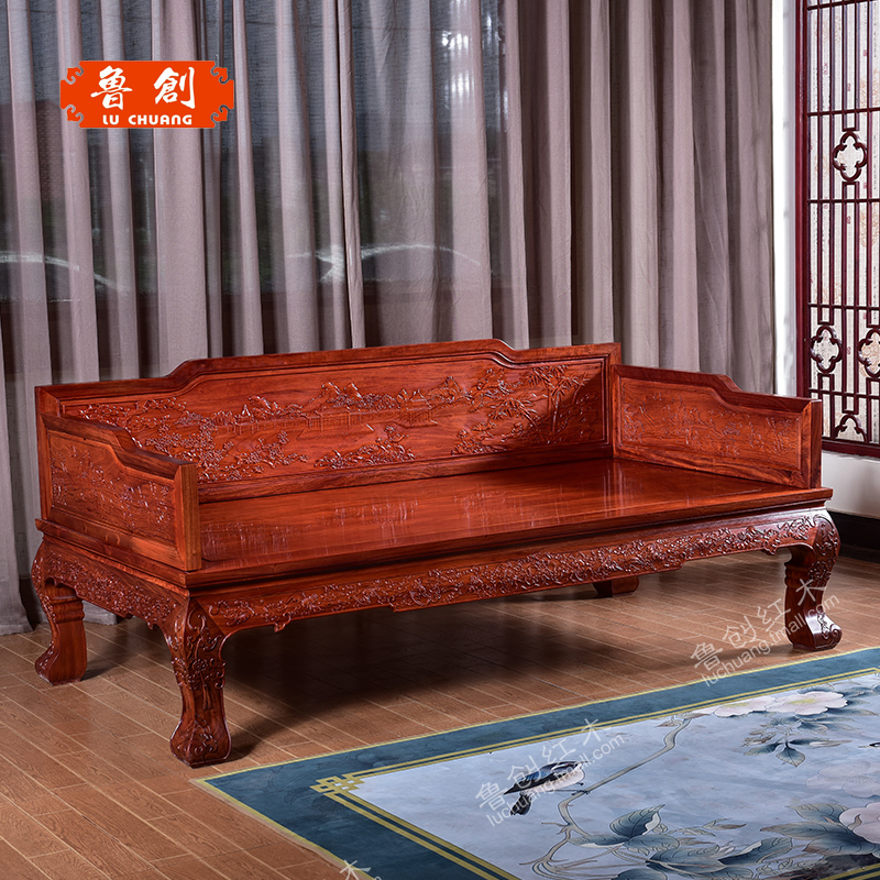 東陽紅木家具批發(fā)魯創(chuàng)紅木家具*花梨木大果紫檀 山水羅漢床