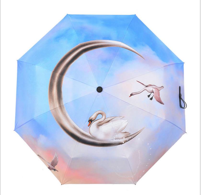 三折疊晴雨兩用傘供應(yīng)商 創(chuàng)意新款數(shù)碼 印刷天鵝黑膠加固防風(fēng) 遮陽(yáng)* 三折疊晴雨兩用傘