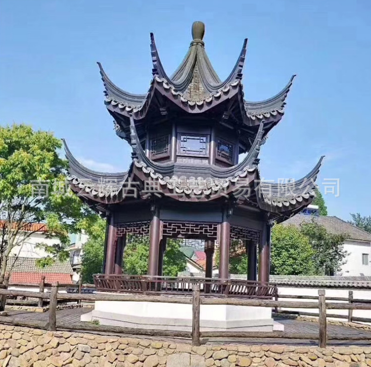 防腐木古建六角實(shí)木亭子雙層仿古中式蓋小青瓦涼亭石雕涼亭石亭