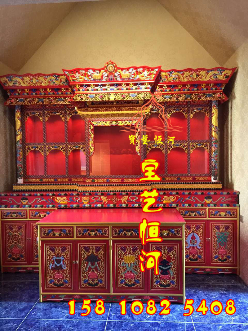 110彩繪藏式佛龕帶門三層佛臺道場佛堂