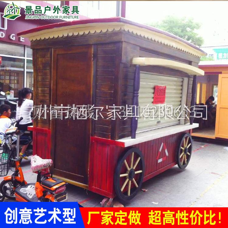廠家直銷新款戶外移動(dòng)售貨車防腐木實(shí)木花車花架步行街野外小品售賣車