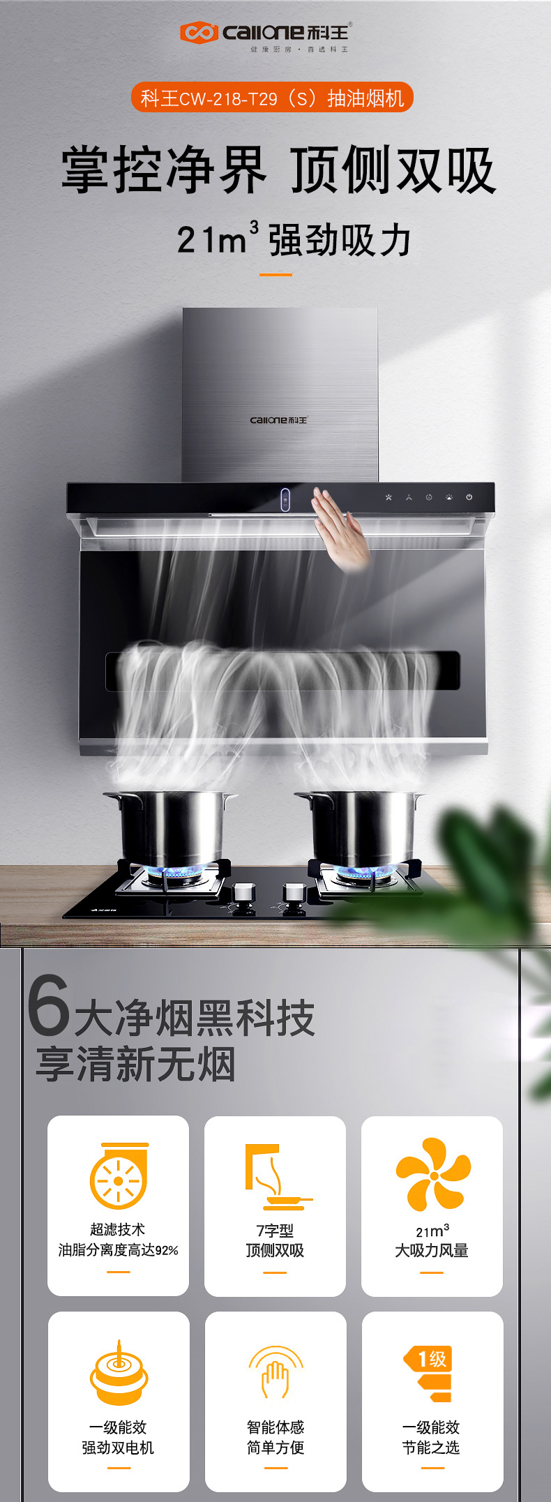 貴州廚衛(wèi)電器加盟科王智能體感開關(guān)吸油煙機頂側(cè)雙吸一級能效T29S