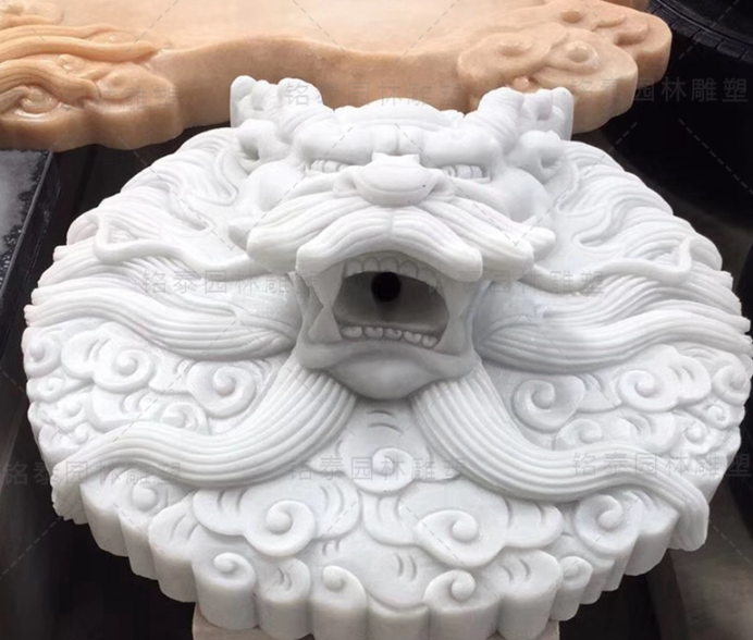 石雕漢白玉龍頭 圓龍頭吐水?dāng)[件墻壁掛件 噴水龍頭浮雕