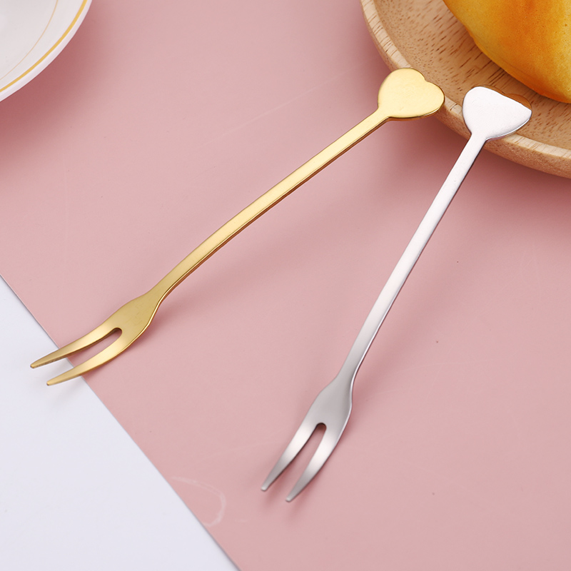 304不銹鋼兩齒叉 愛心可愛手柄兩齒叉 蛋糕水果贈品叉 304不銹鋼愛心兩齒叉