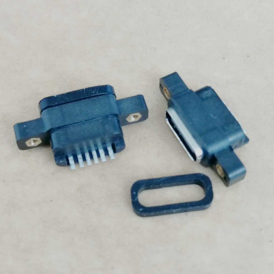 TYPE-C 6P防水母座 臥式貼片SMT 沉板式 帶螺絲定位孔 帶防水膠圈