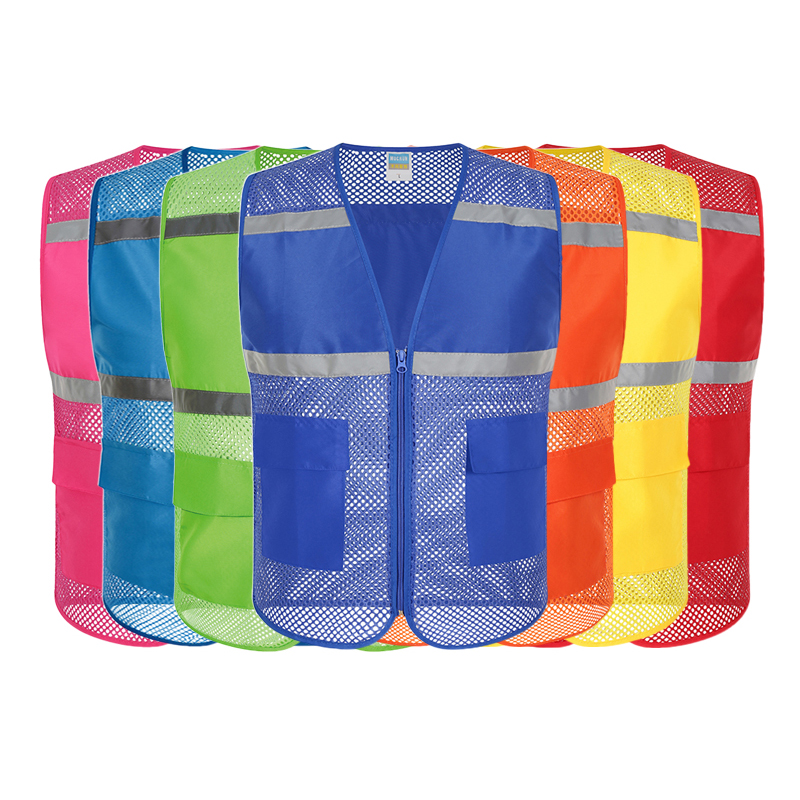 KM21029   兩口袋網(wǎng)布反光條馬甲2021新款工作馬甲文化衫定制logo印刷熱印燙畫絲網(wǎng)印定制