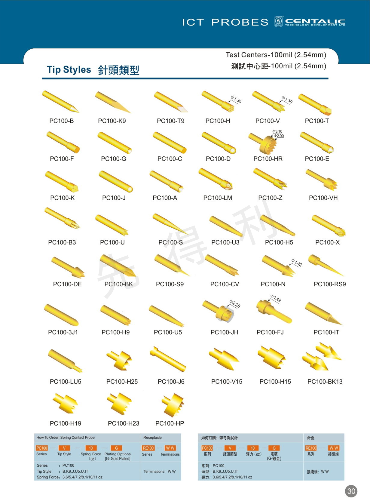 先得利ict測(cè)試針PC100系列治具測(cè)試探針