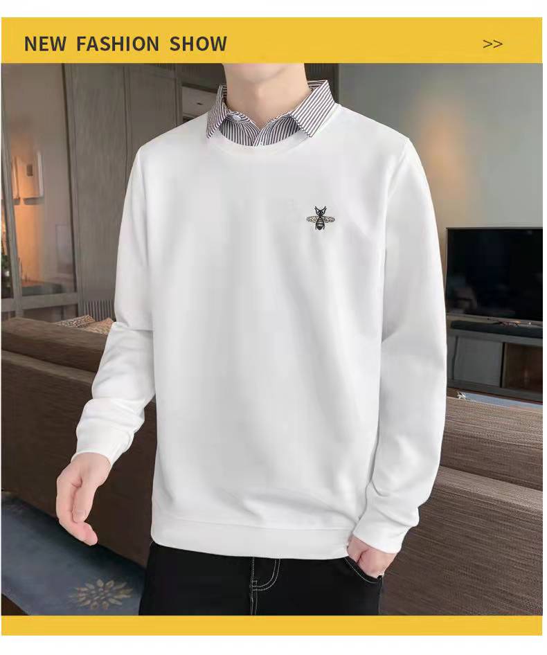 刺繡加絨衛(wèi)衣男 假兩件長袖t恤 寬松秋冬季潮牌打底上衣 百搭工作服