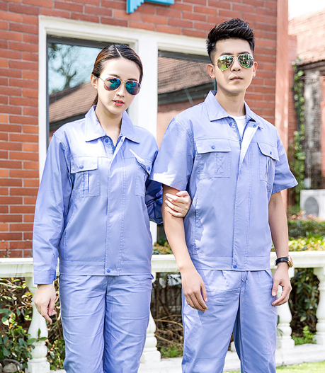 深圳市夏季現(xiàn)貨工作服工作服短袖套裝工裝批發(fā)定做全棉紗卡套裝