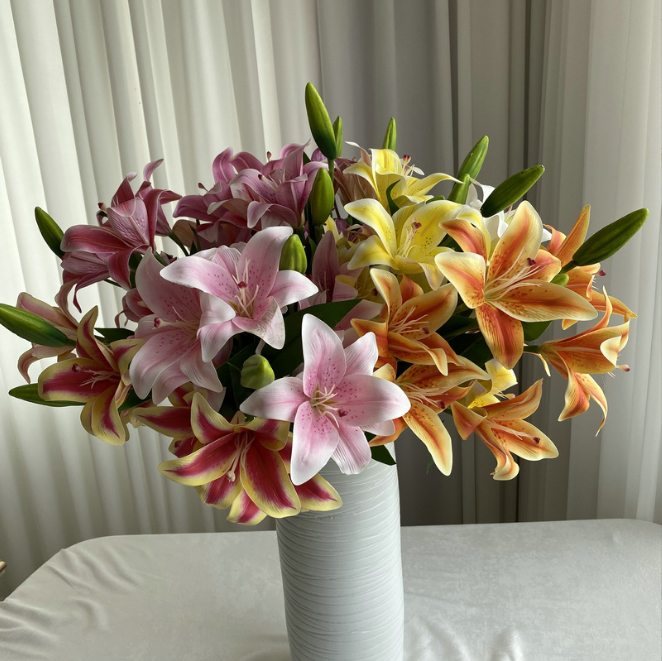 天津3D打印5叉7頭百合 INS風(fēng)家居裝飾婚慶擺放仿真花 單枝人造花批發(fā)
