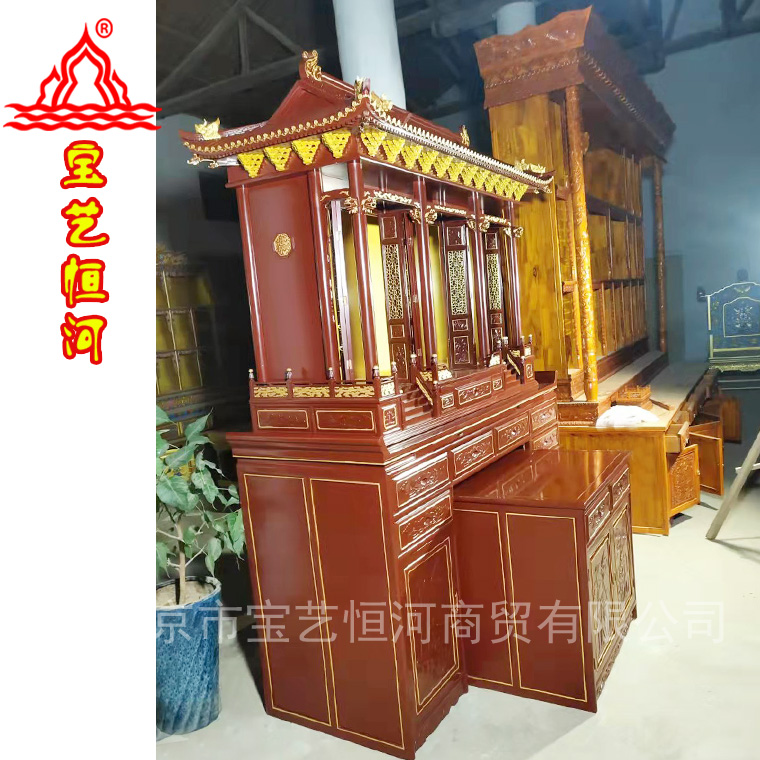 描金仿宮殿神樓套柜 家用佛堂佛龕 香樟木 帶玻璃門(mén) 寶藝恒河生產(chǎn)