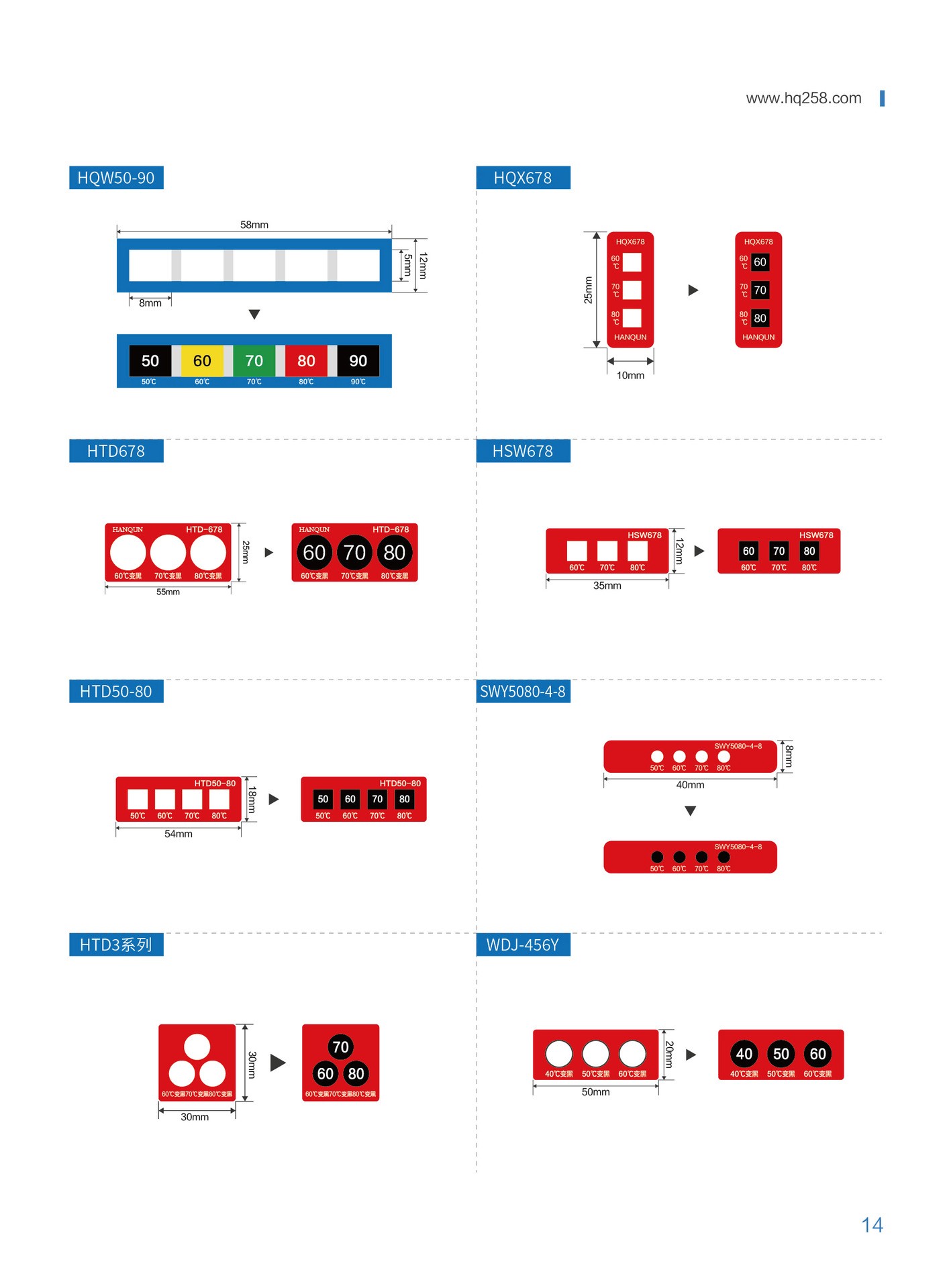 HTD-567不可逆型測溫貼片變色測溫貼溫度標(biāo)簽測溫紙 整張10貼